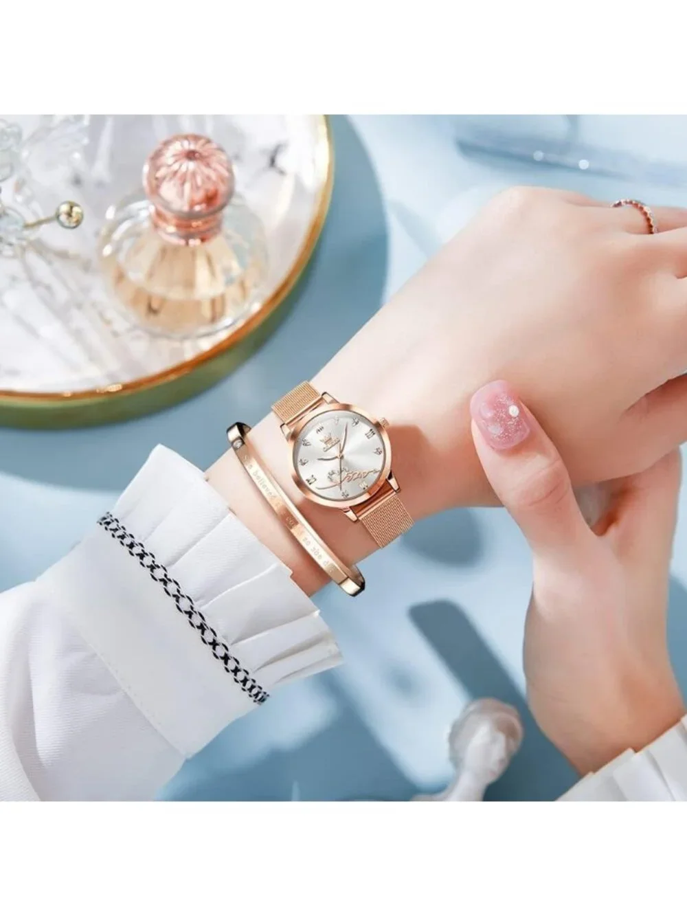 Women's Rose Gold White Mesh Strap Dress Hearts Quartz Bracelet Sets Watch
